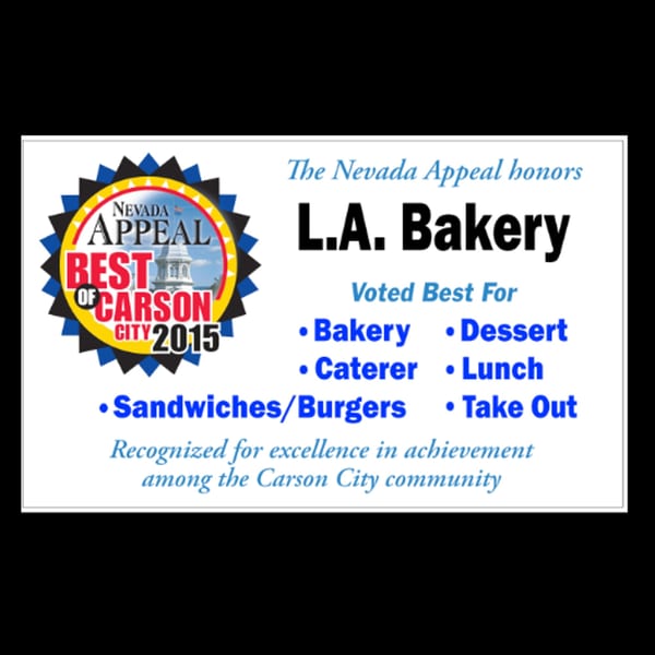 L.A. Bakery award from The Nevada Appeal for "Best of Carson City 2015" in multiple categories.