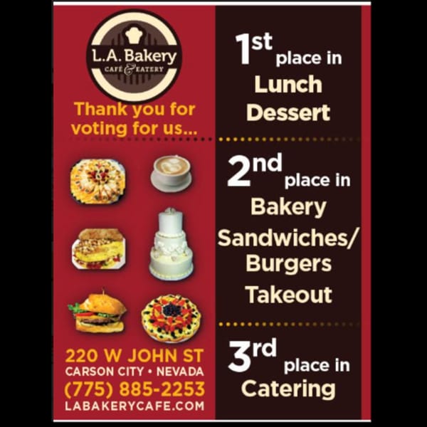 L.A. Bakery ad showing award placements for lunch dessert, bakery, sandwiches, burgers, takeout, and catering.