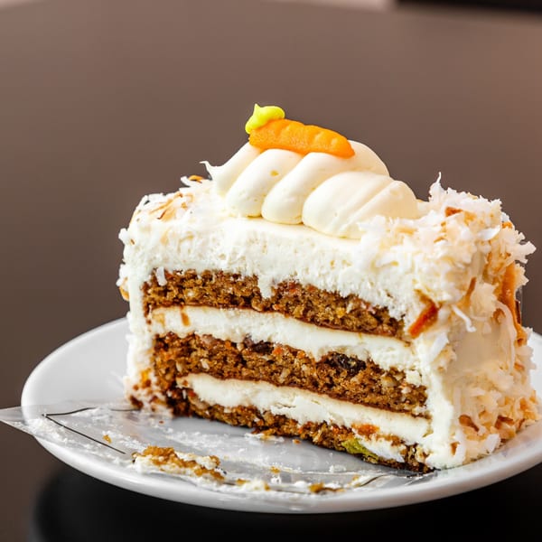 A slice of L.A. Bakery's carrot cake with cream cheese frosting, topped with a marzipan carrot.