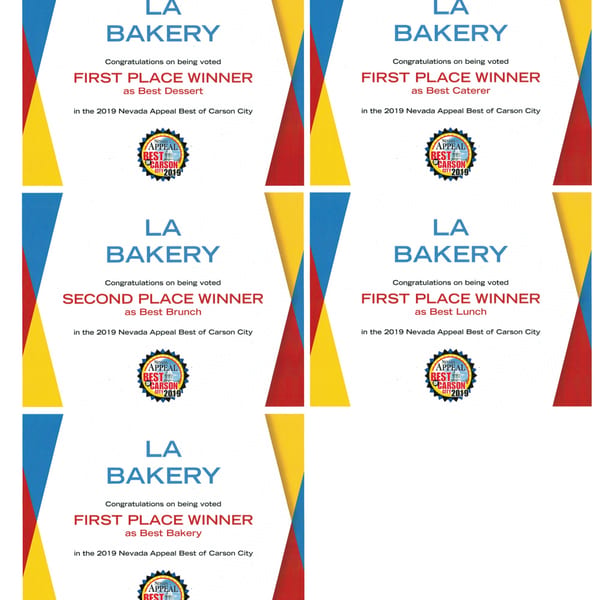 Five awards for L.A. Bakery: Best Dessert, Caterer, Lunch, Bakery (First Place), and Best Brunch (Second Place).